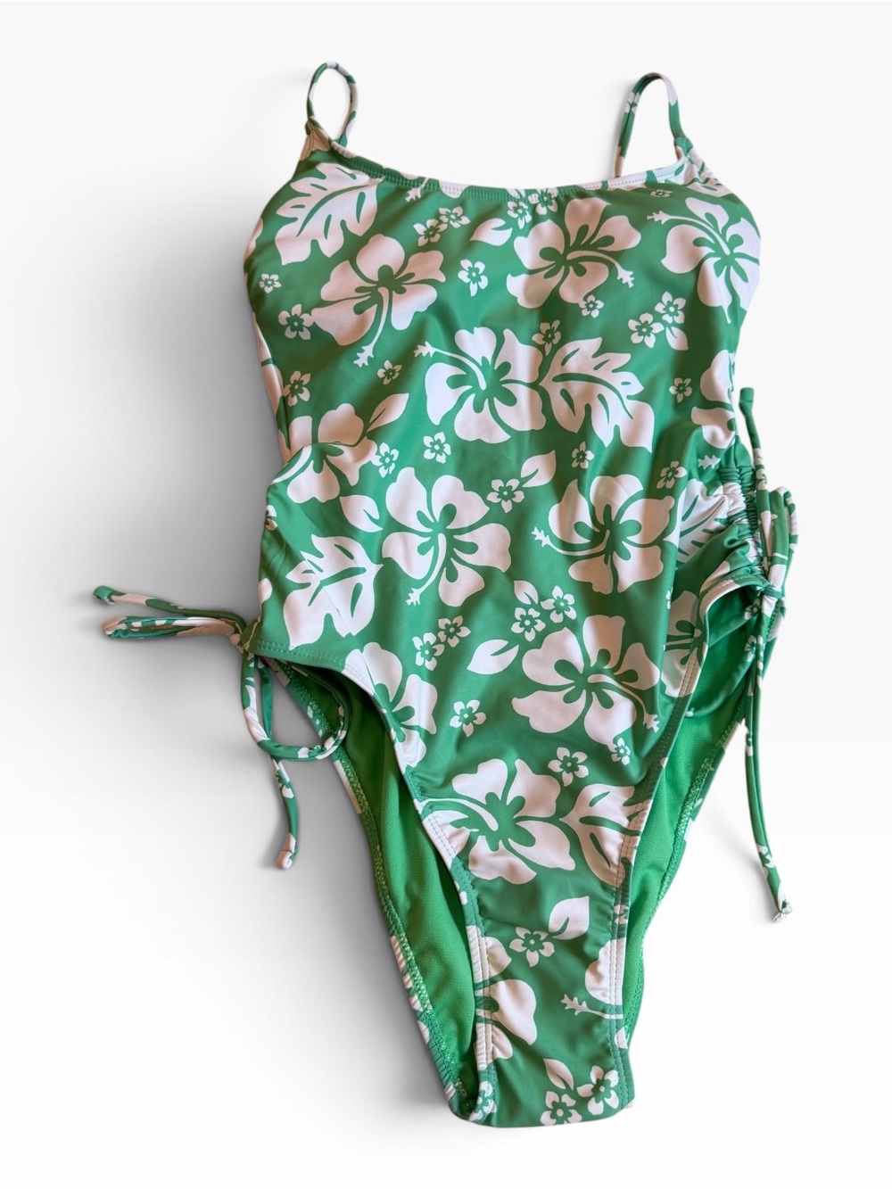 No Boundaries Green and White Floral Tie-Side One-Piece Swimsuit
